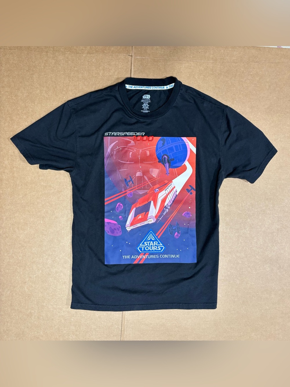 Disney Star Tours Starspeeder 1000 Graphic Tee - Black with Red & Blue Art Sz S